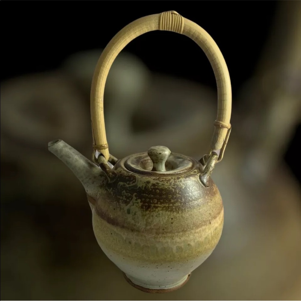 Original One Of A Kind Obranovich Pottery Teapot With Bamboo Handle, Signed